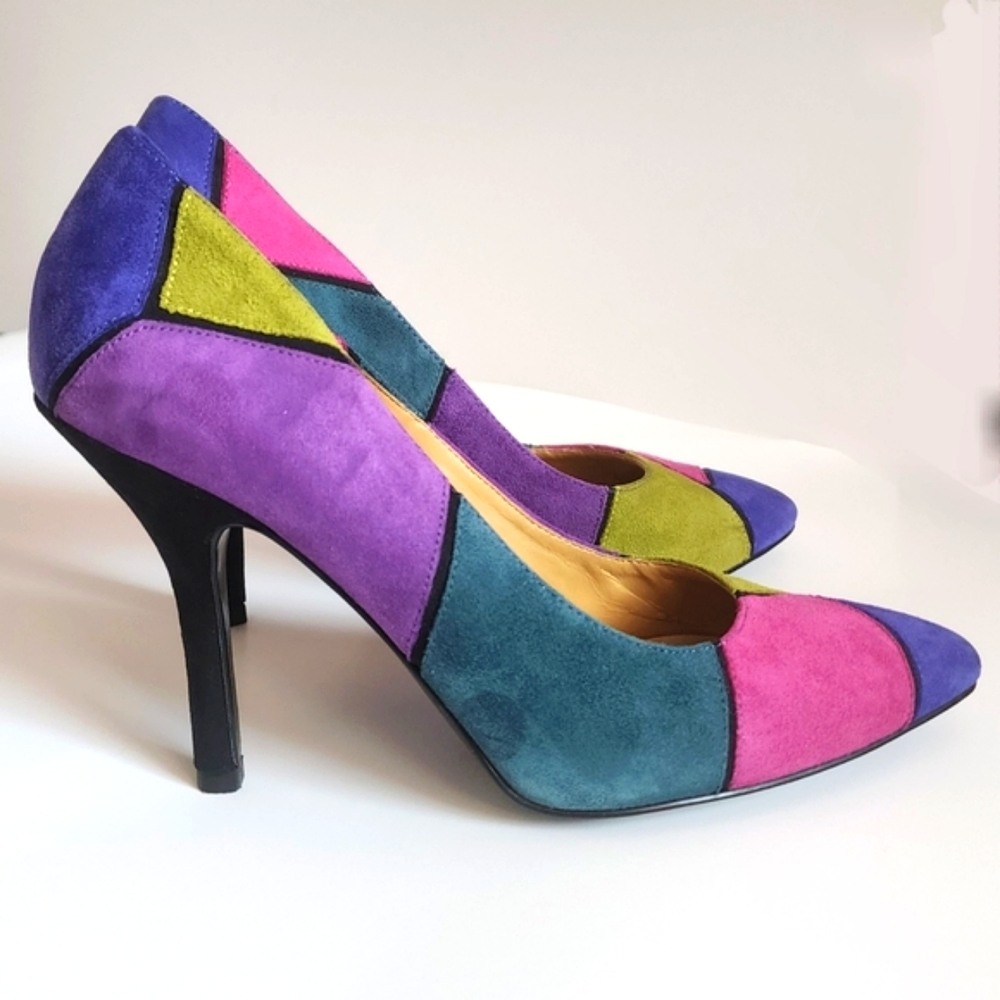 Nine West Shoes Boogie Down Suede 4" Heels Multicolor Color Block Retro 80s sz 8